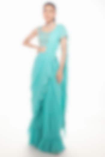 Blue Georgette Pre-Draped Party Wear Saree Set by Chamee and Palak at Pernia's Pop Up Shop