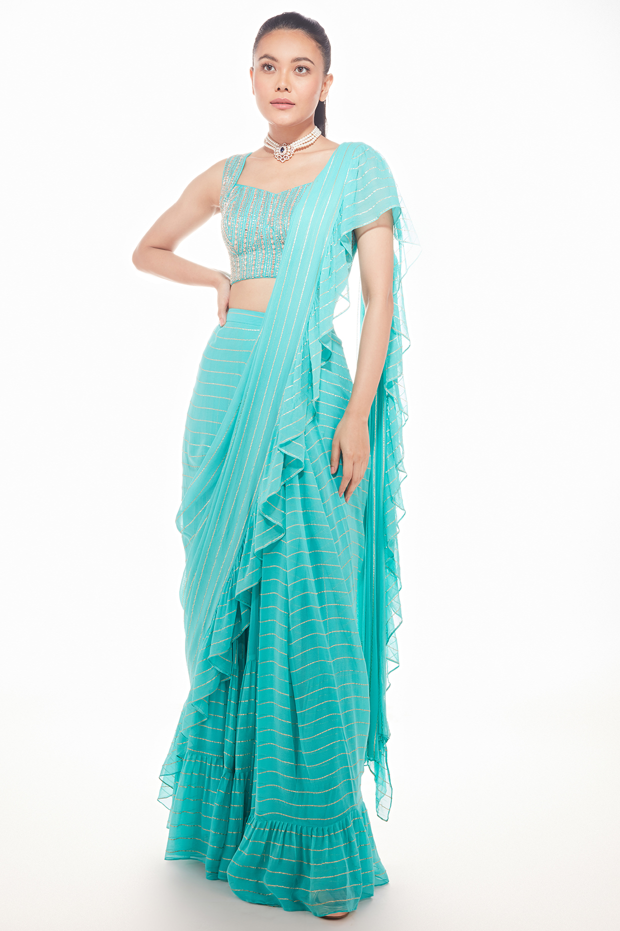 Blue Georgette Pre-Draped Party Wear Saree Set by Chamee and Palak at Pernia's Pop Up Shop