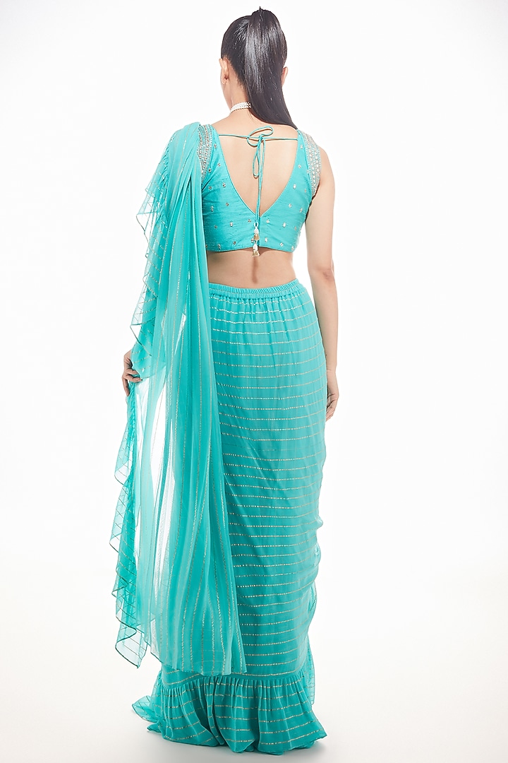 Blue Georgette Pre-Draped Wedding Saree Set by Chamee and Palak at Pernia's Pop Up Shop