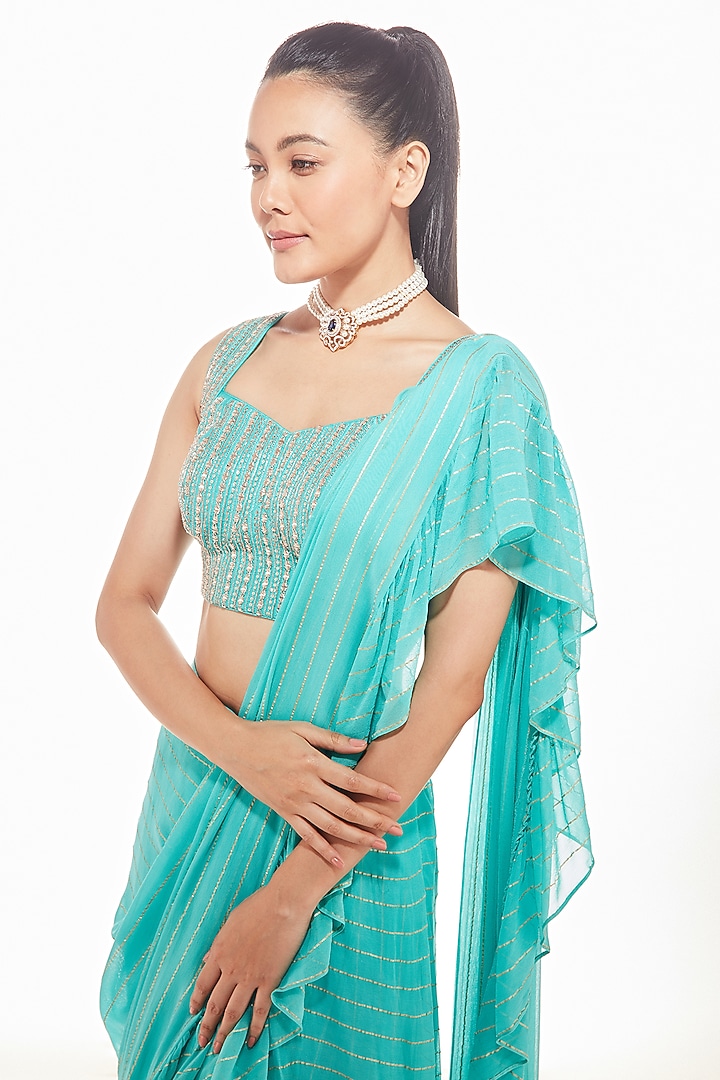 Blue Georgette Pre-Draped Wedding Saree Set by Chamee and Palak at Pernia's Pop Up Shop