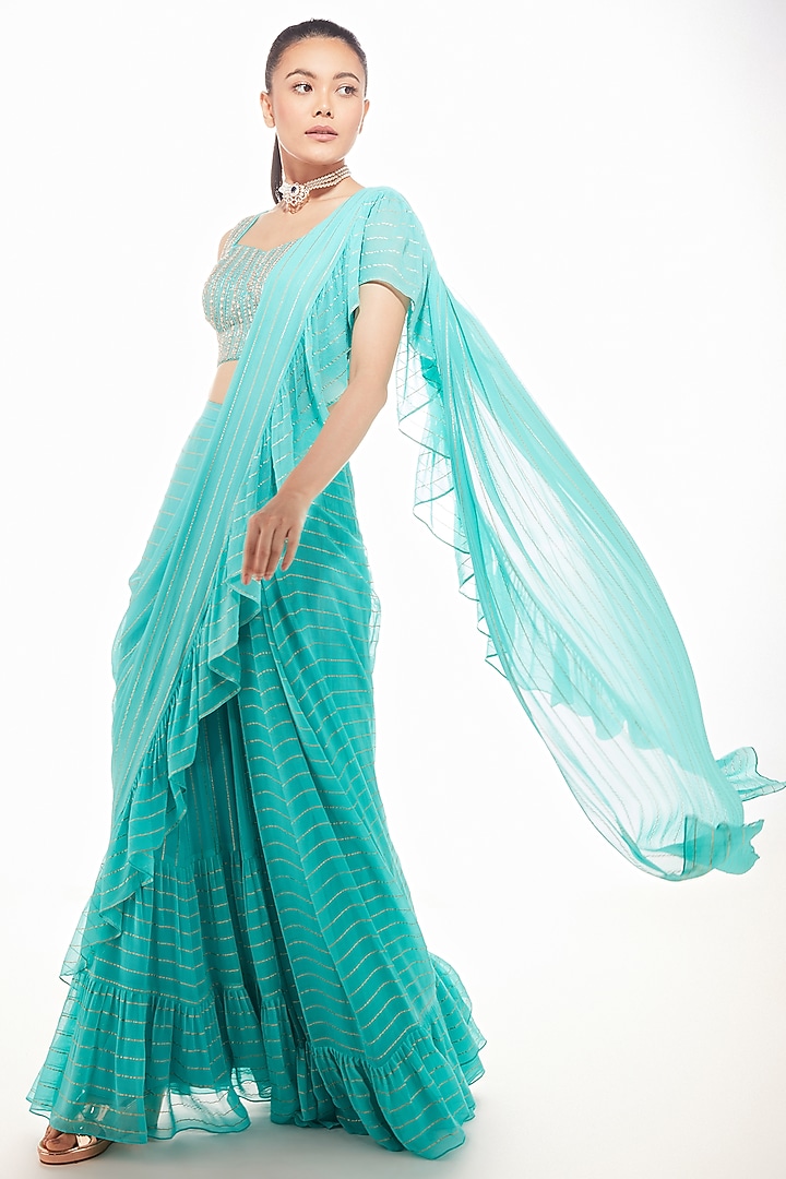 Blue Georgette Pre-Draped Wedding Saree Set by Chamee and Palak at Pernia's Pop Up Shop