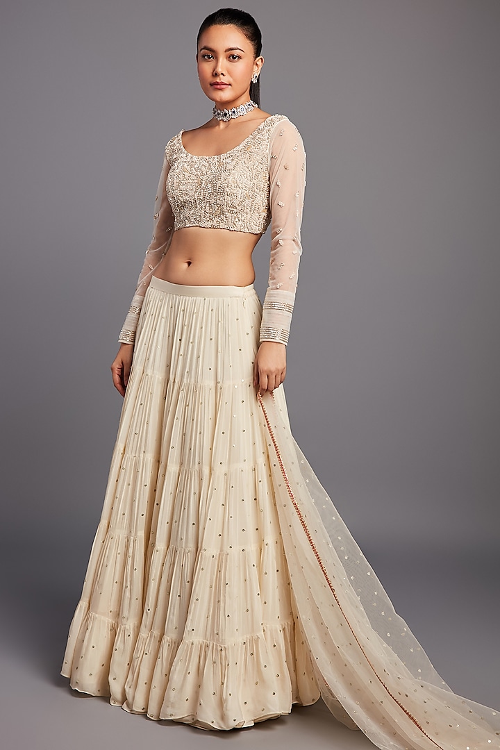 Ivory Georgette Embroidered Lehenga Set by Chamee and Palak