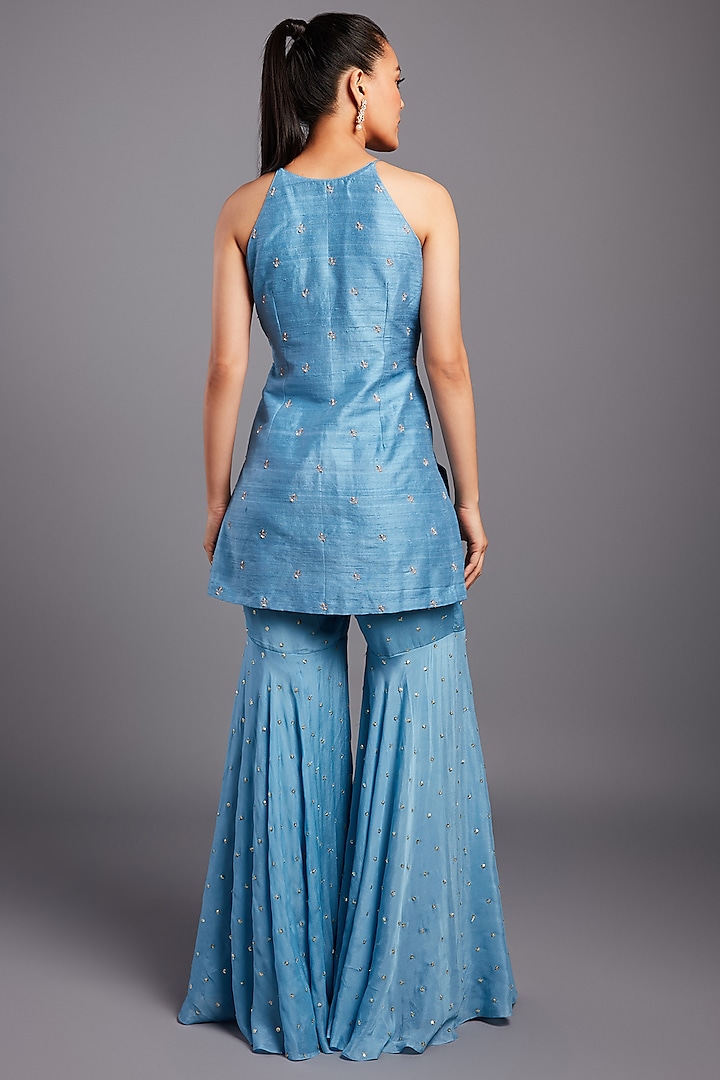 Blue Raw Silk Wedding Sharara Set by Chamee and Palak at Pernia's Pop Up Shop
