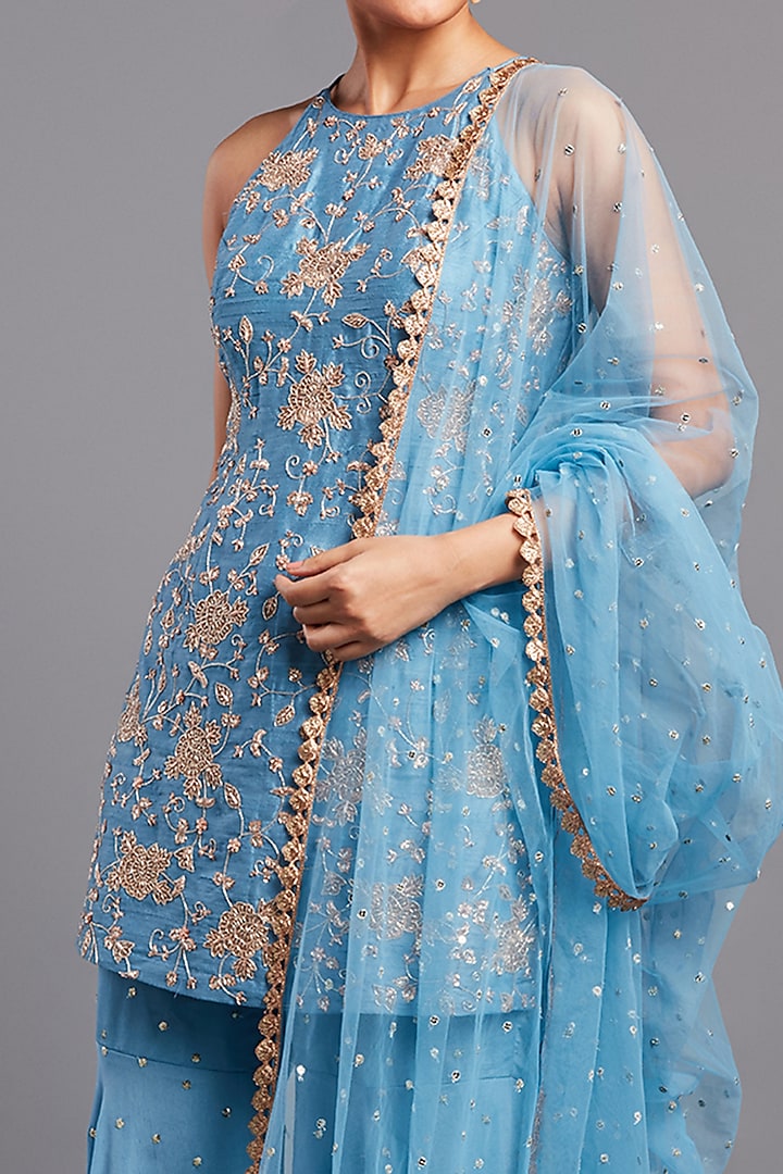 Blue Raw Silk Wedding Sharara Set by Chamee and Palak at Pernia's Pop Up Shop