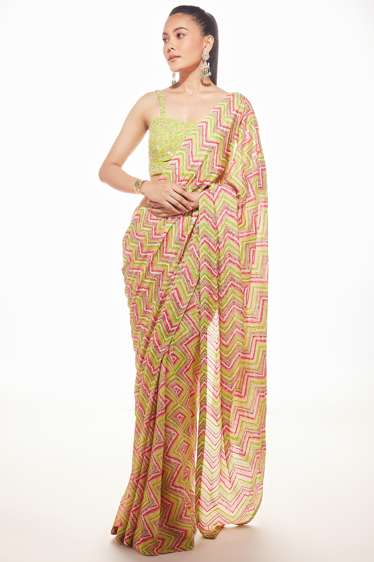 Lime Geogette Chevron Printed Saree Set by Chamee and Palak