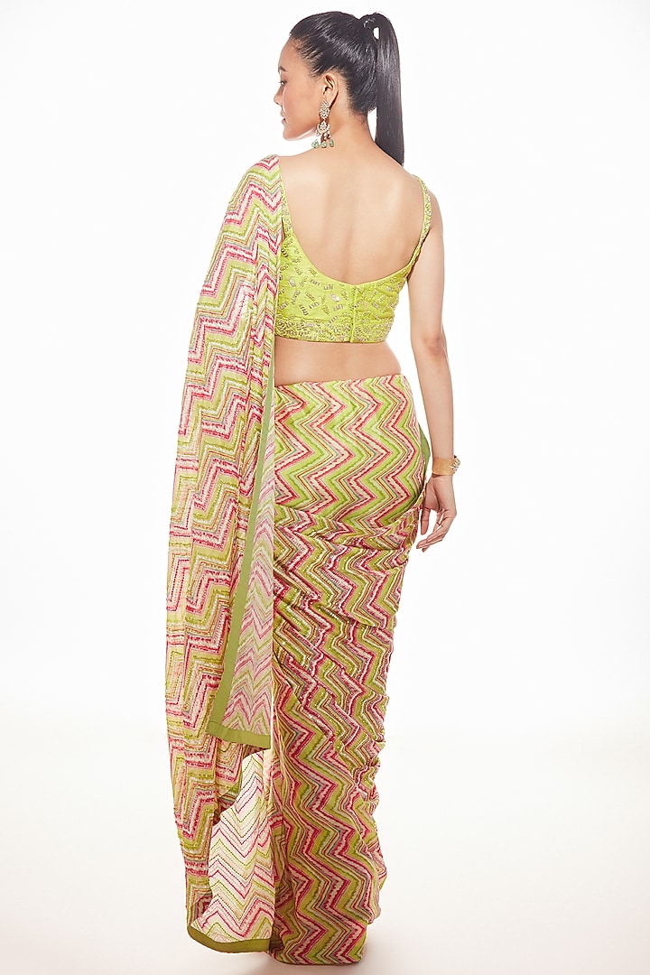 Lime Geogette Chevron Printed Wedding Saree Set by Chamee and Palak at Pernia's Pop Up Shop