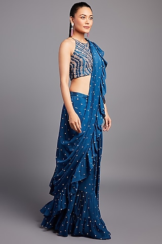 Blue Pre-Draped Ruffled Saree Set In Georgette by Chamee and Palak