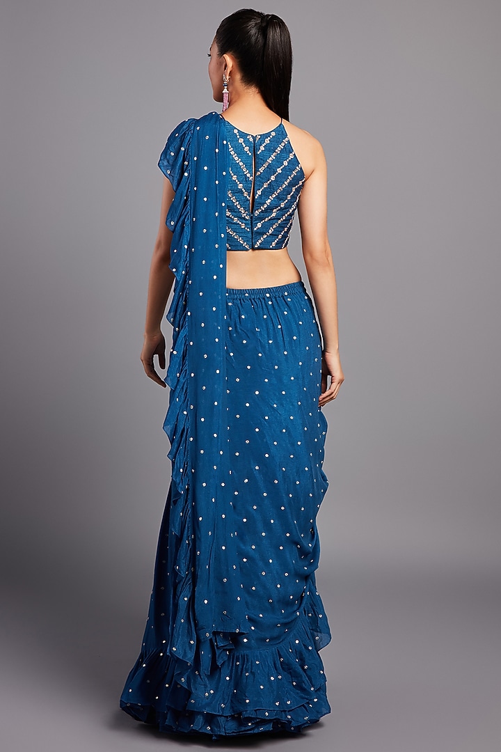 Blue Pre-Draped Ruffled Wedding Saree Set In Georgette by Chamee and Palak at Pernia's Pop Up Shop