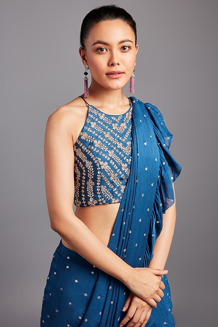Blue Pre-Draped Ruffled Wedding Saree Set In Georgette by Chamee and Palak at Pernia's Pop Up Shop