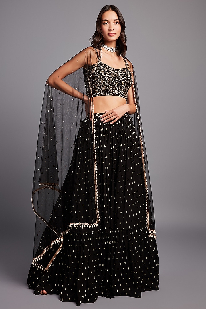 Black Georgette Tiered Embellished Lehenga Set by Chamee and Palak