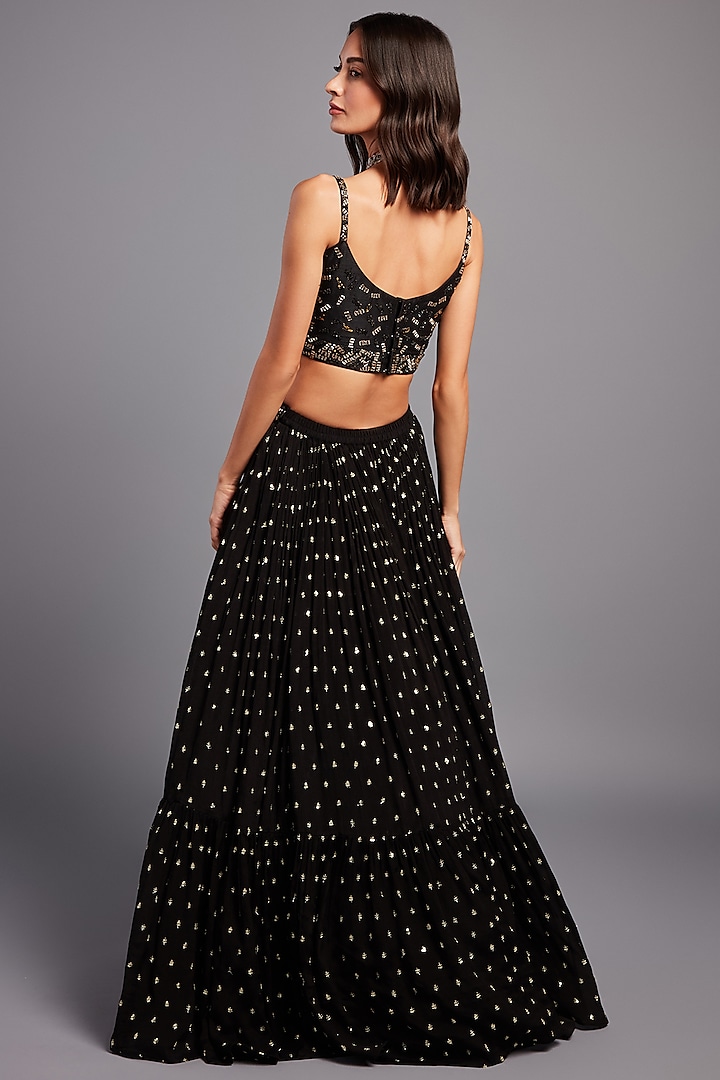 Black Georgette Tiered Embellished Wedding Lehenga Set by Chamee and Palak at Pernia's Pop Up Shop