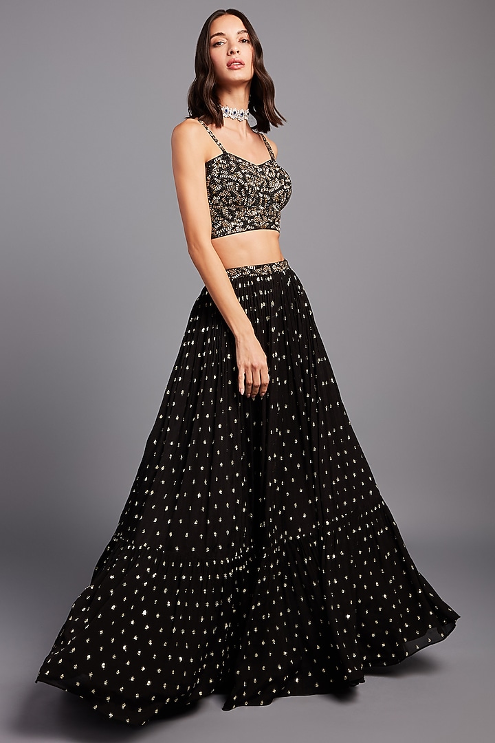 Black Georgette Tiered Embellished Wedding Lehenga Set by Chamee and Palak at Pernia's Pop Up Shop