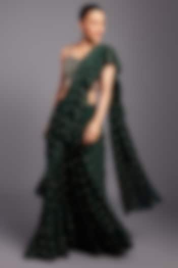 Green Georgette Pre-Draped Ruffled Saree Set by Chamee and Palak