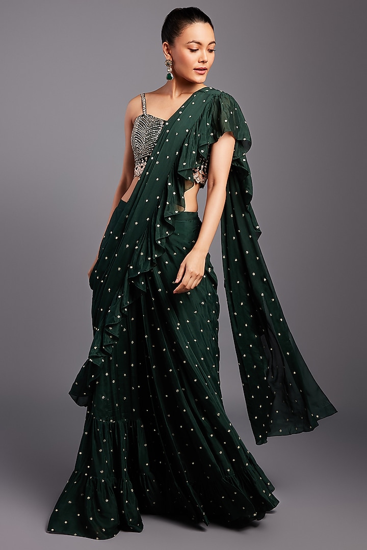 Green Georgette Pre-Draped Ruffled Saree Set by Chamee and Palak
