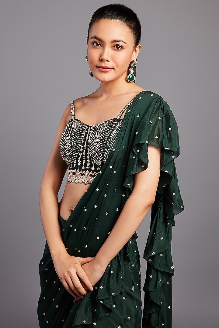 Green Georgette Pre-Draped Ruffled Wedding Saree Set by Chamee and Palak at Pernia's Pop Up Shop