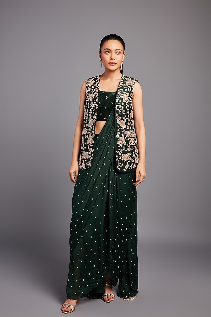 Green Georgette Sequins Embroidered Pre-Stitched Jacket Saree Set by Chamee and Palak