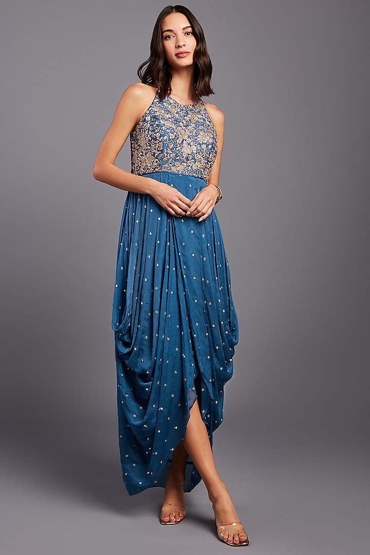 Blue Embellished Cowl Vacation Dress by Chamee and Palak at Pernia's Pop Up Shop