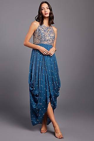 Blue Embellished Cowl Dress by Chamee and Palak