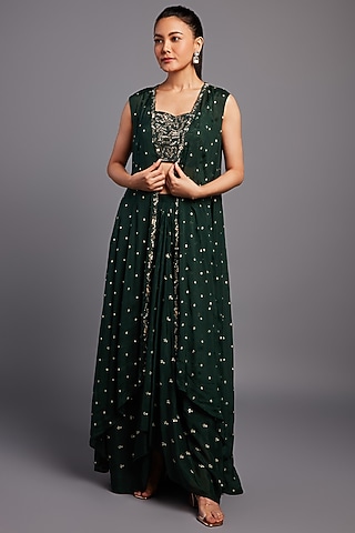 Forest Green Georgette Drape Skirt Set by Chamee and Palak