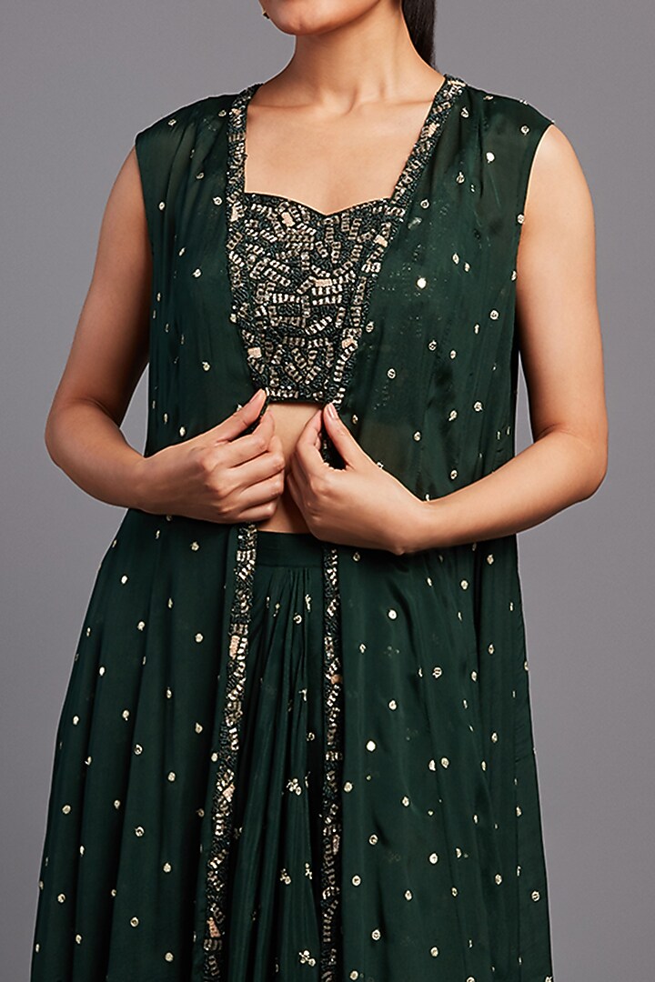 Forest Green Georgette Drape Skirt Set by Chamee and Palak at Pernia's Pop Up Shop