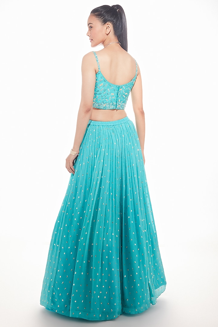 Blue Georgette Embellished Ruched Wedding Lehenga Set by Chamee and Palak at Pernia's Pop Up Shop