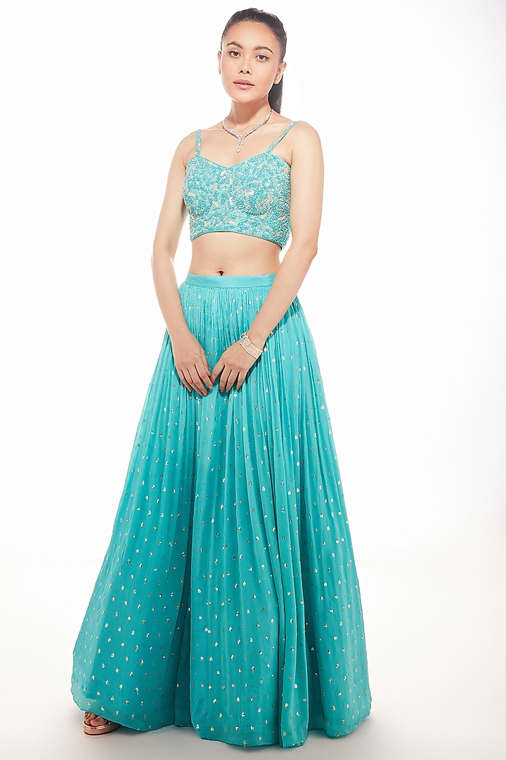 Blue Georgette Embellished Ruched Wedding Lehenga Set by Chamee and Palak at Pernia's Pop Up Shop