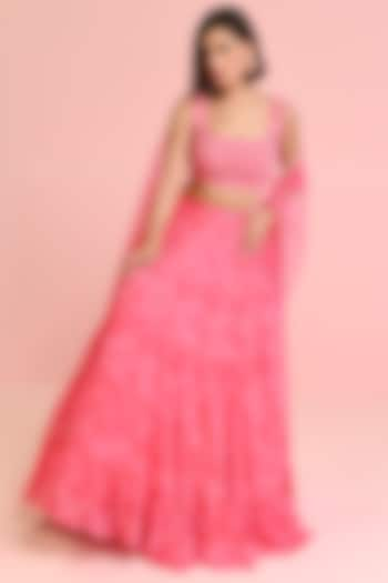 Pink Georgette Printed Lehenga Set by Chamee and Palak