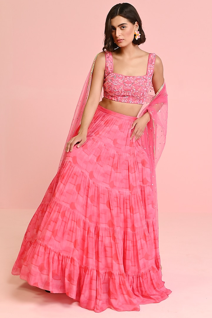 Pink Georgette Printed Lehenga Set by Chamee and Palak