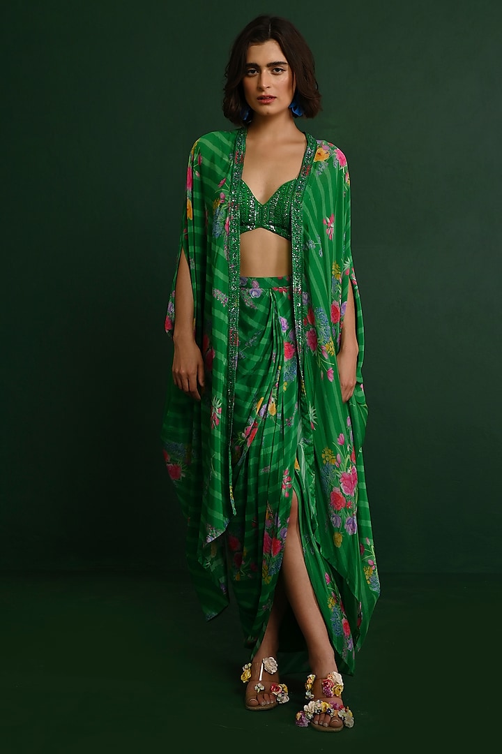 Green Raw Silk & Georgette Skirt Set by Chamee and Palak