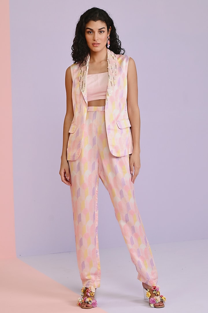 Ivory & Pink Linen Printed Blazer Set by Chamee and Palak