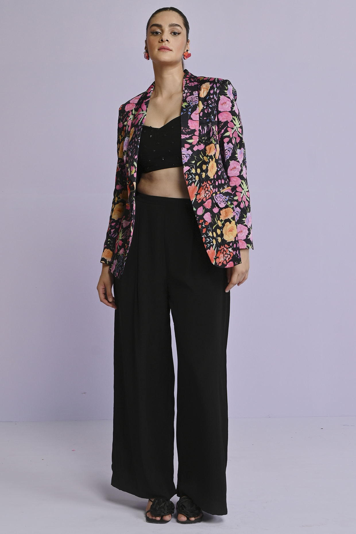 Black Satin & Raw Silk Printed Blazer Set by Chamee and Palak at Pernia's Pop Up Shop