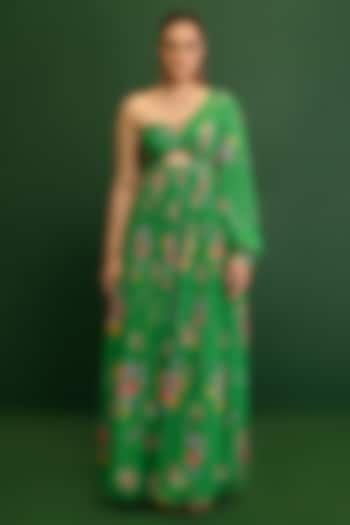 Green Georgette Printed & Embroidered Gown by Chamee and Palak