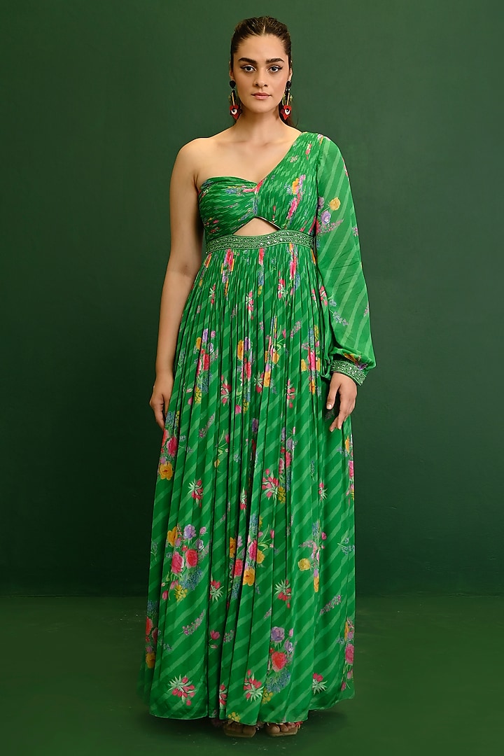 Green Georgette Printed & Embroidered Gown by Chamee and Palak