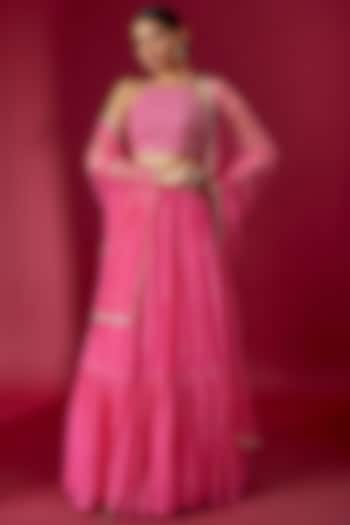 Pink Georgette Tiered Wedding Lehenga Set by Chamee and Palak at Pernia's Pop Up Shop
