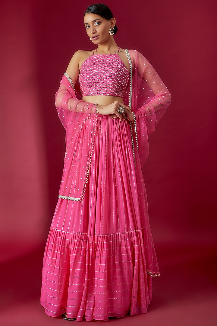 Pink Georgette Tiered Wedding Lehenga Set by Chamee and Palak at Pernia's Pop Up Shop
