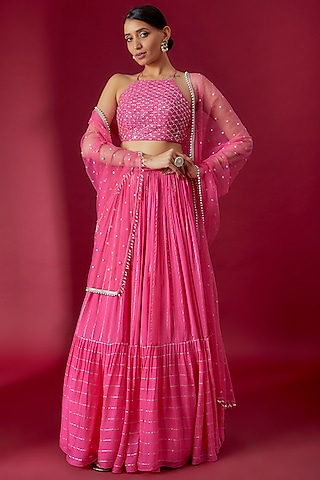 Pink Georgette Tiered Lehenga Set by Chamee and Palak