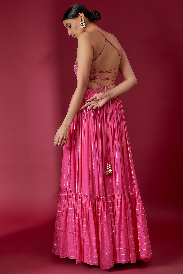 Pink Georgette Tiered Wedding Lehenga Set by Chamee and Palak at Pernia's Pop Up Shop