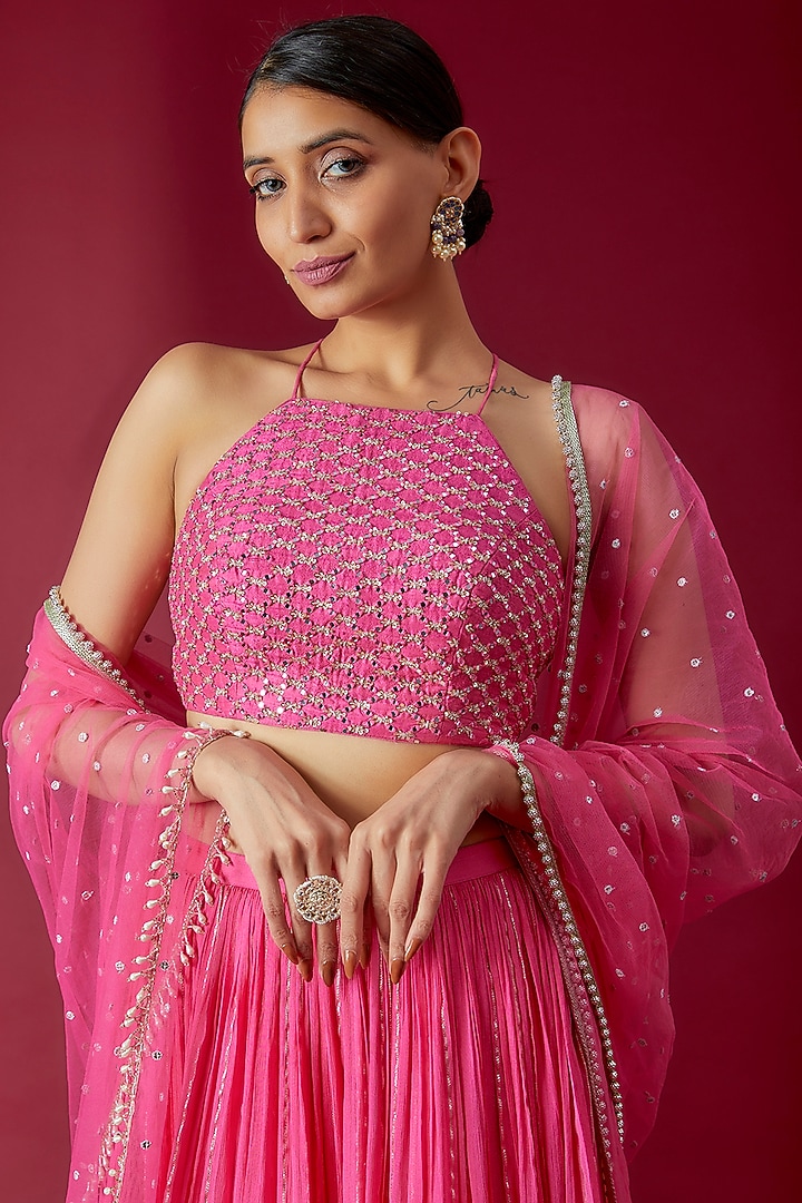 Pink Georgette Tiered Wedding Lehenga Set by Chamee and Palak at Pernia's Pop Up Shop