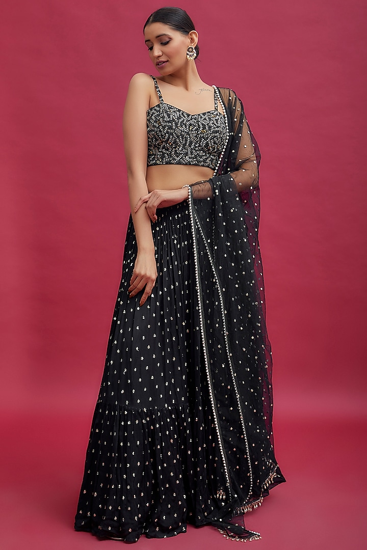 Black Georgette Embellished Wedding Lehenga Set by Chamee and Palak at Pernia's Pop Up Shop
