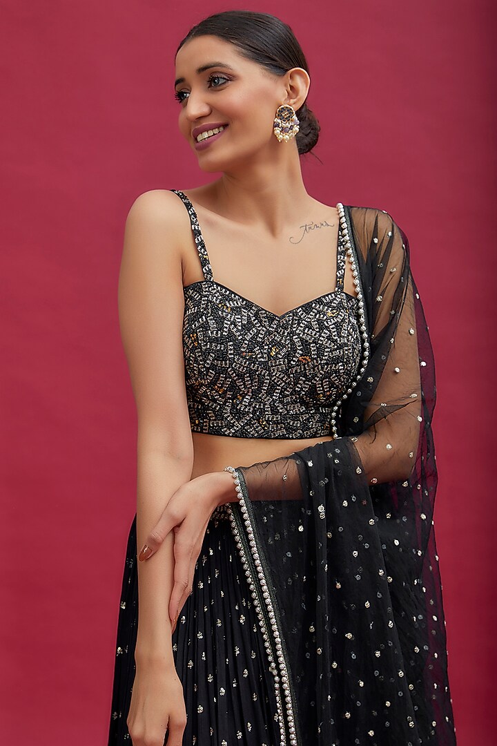 Black Georgette Embellished Wedding Lehenga Set by Chamee and Palak at Pernia's Pop Up Shop