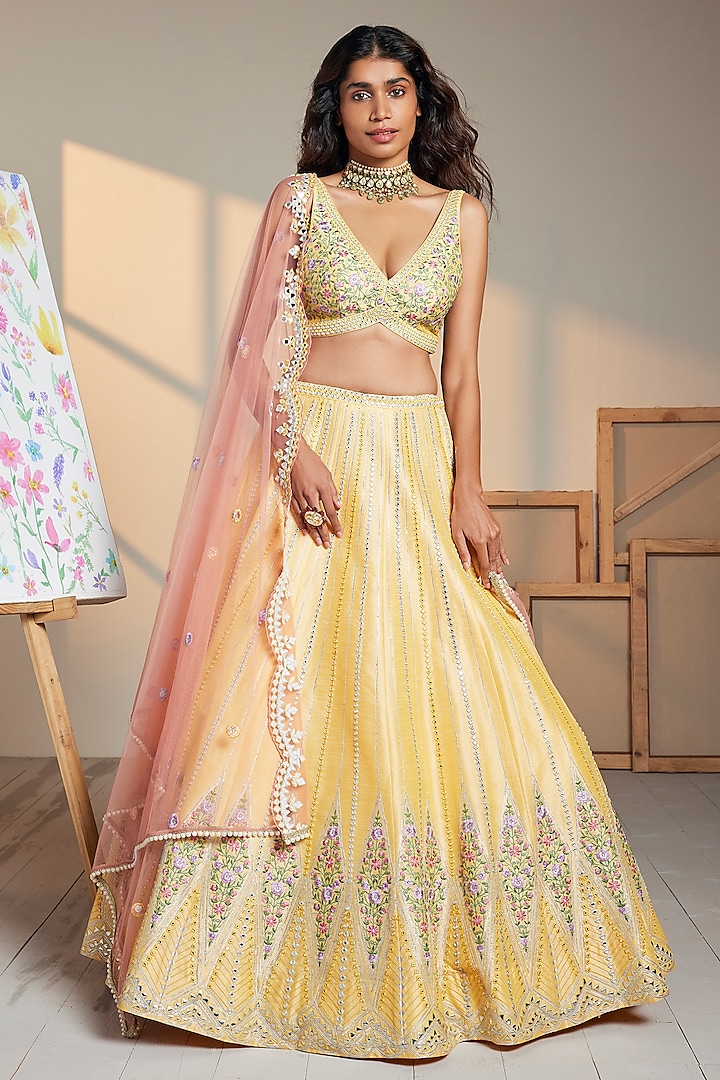 Yellow Dupion Silk Embroidered Lehenga Set by Chamee and Palak