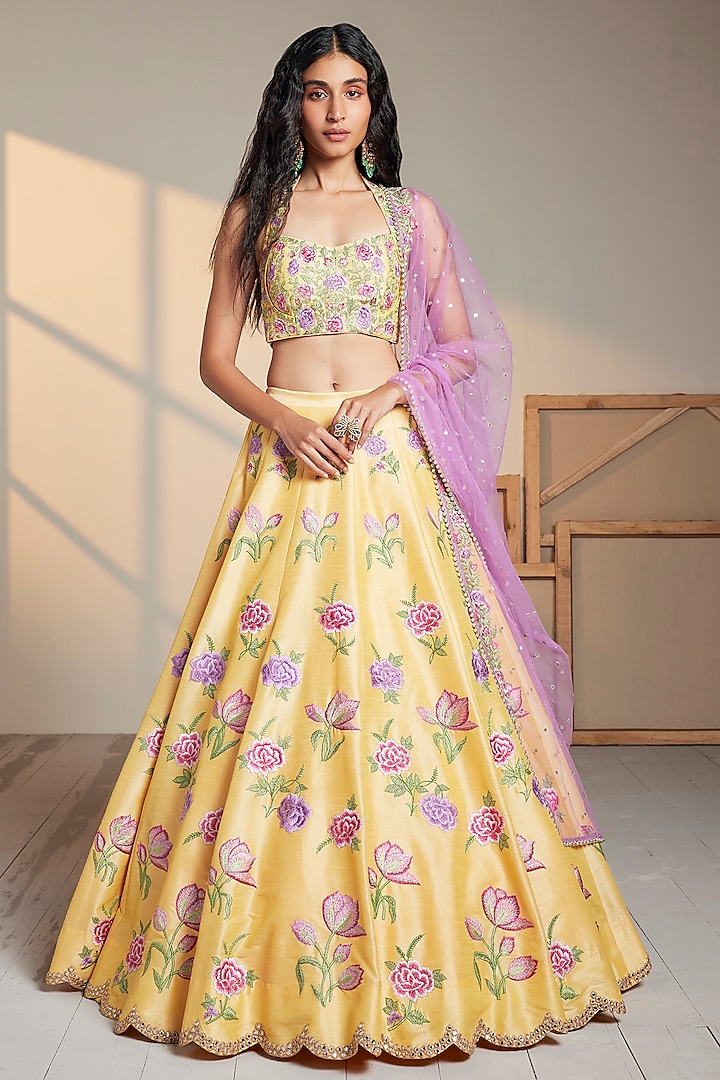 Yellow Dupion Silk Embroidered Lehenga Set by Chamee and Palak