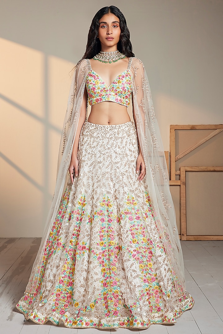 Ivory Tulle & Net Embroidered Lehenga Set by Chamee and Palak