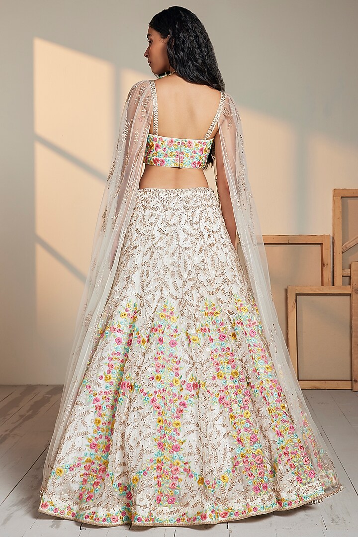 Ivory Tulle & Net Embroidered Wedding Lehenga Set by Chamee and Palak at Pernia's Pop Up Shop