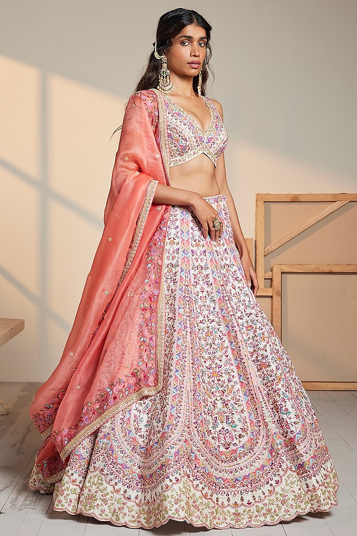 Ivory Dupion Silk Zardosi Embroidered Bridal Lehenga Set by Chamee and Palak at Pernia's Pop Up Shop