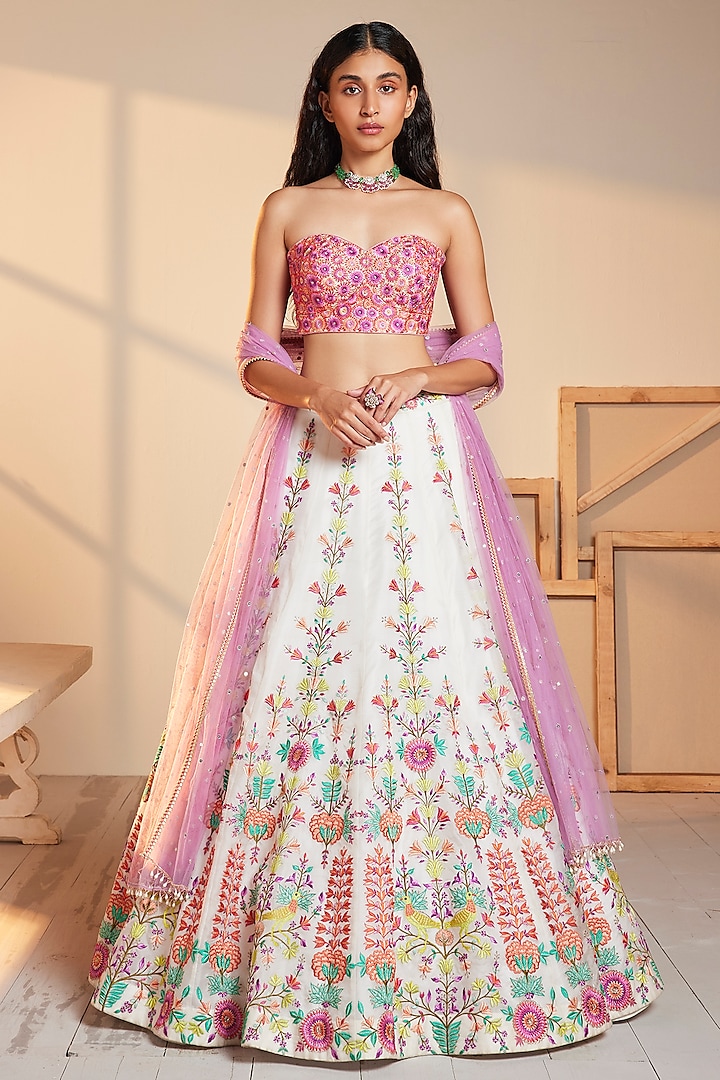 White Organza Embroidered Lehenga Set by Chamee and Palak
