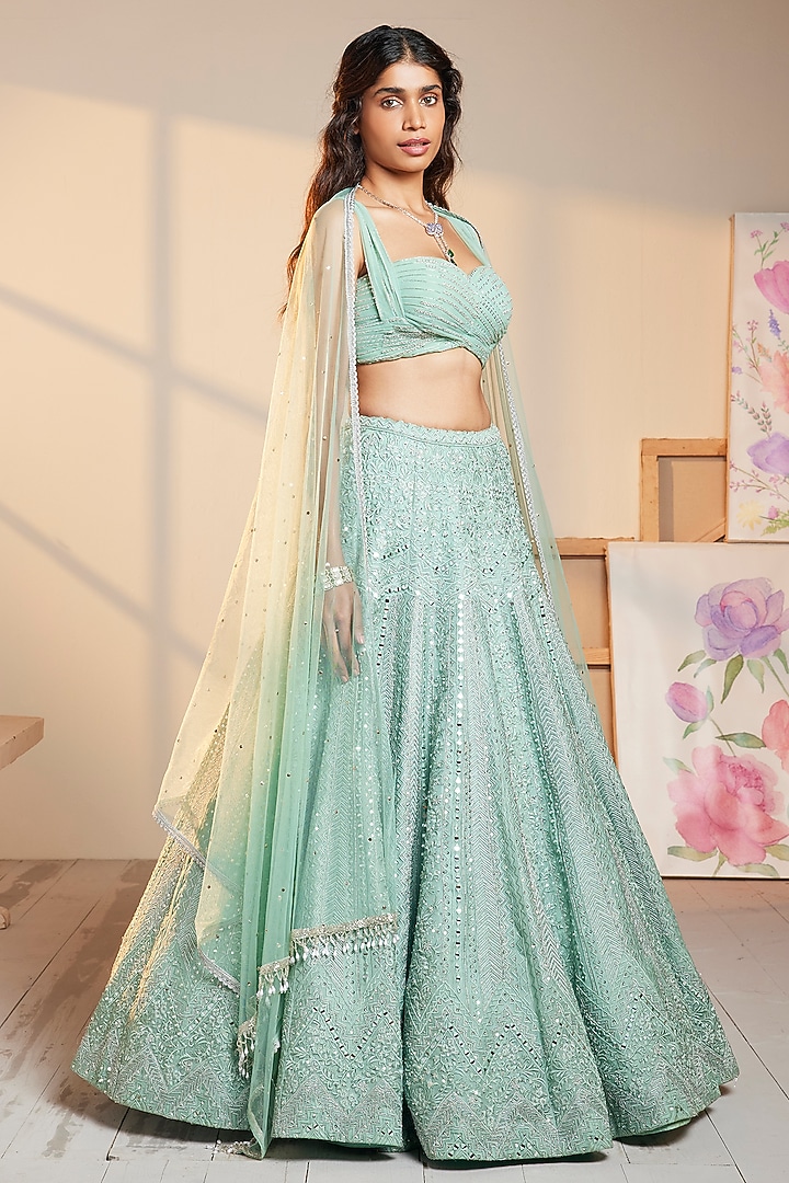 Blue Organza Embroidered Bridal Lehenga Set by Chamee and Palak at Pernia's Pop Up Shop