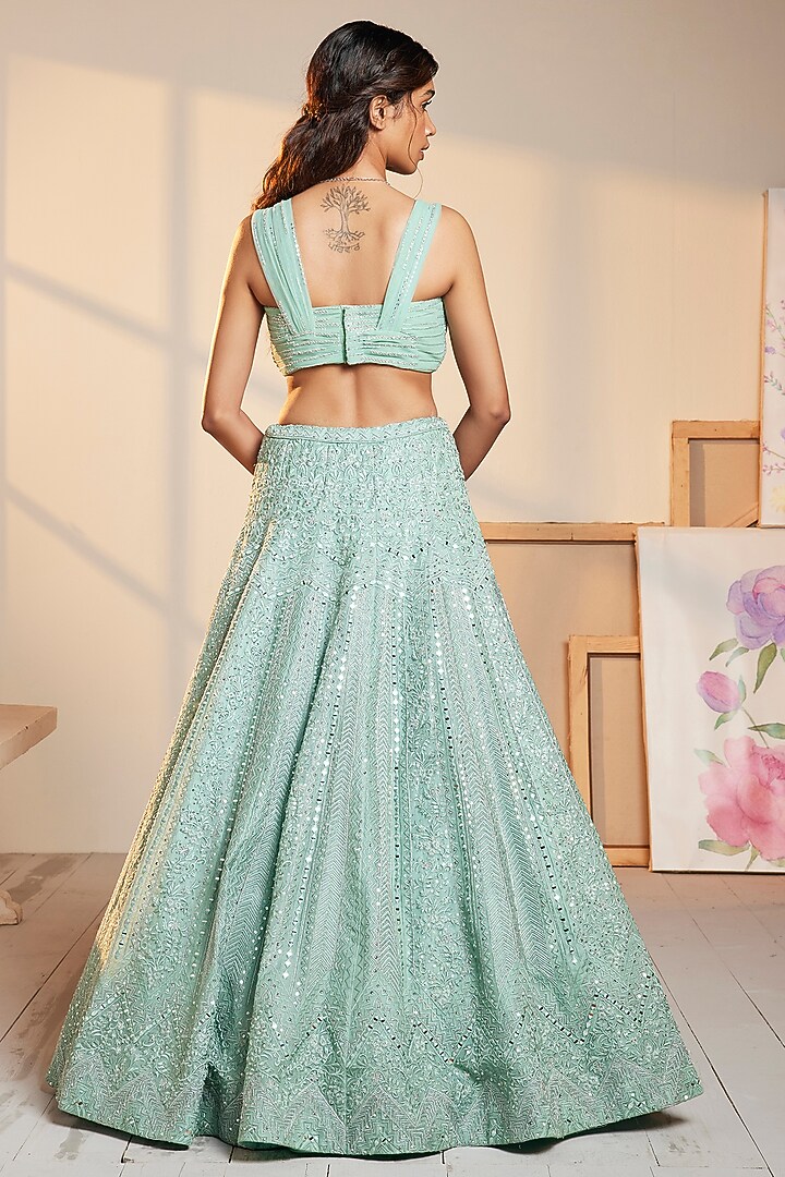 Blue Organza Embroidered Bridal Lehenga Set by Chamee and Palak at Pernia's Pop Up Shop