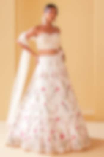 White Organza Floral Embroidered Wedding Lehenga Set by Chamee and Palak at Pernia's Pop Up Shop
