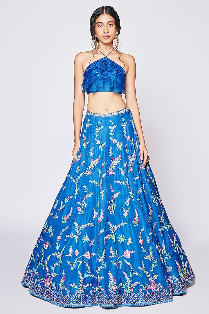 Blue Organza Embroidered Lehenga Set Design By Chamee And Palak At